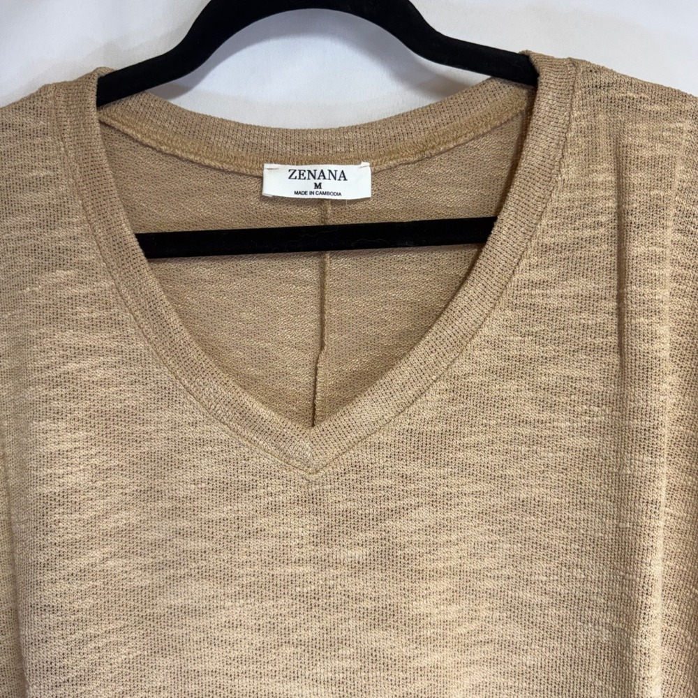 Zenana Tan Marl V-Neck Lightweight Knit Boxy Short Sleeve Top Crop Medium NWOT - Picture 2 of 7